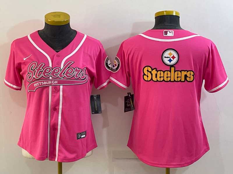 Womens Pittsburgh Steelers Pink Team Big Logo With Patch Cool Base Stitched Baseball Jersey